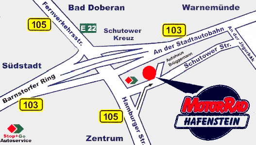 Anfahrtskizze zu Motorrad-Hafenstein am Schutower Kreuz in der Hansestadt Rostock