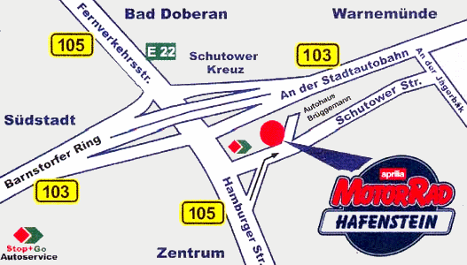 Anfahrtskizze zu Motorrad-Hafenstein am Schutower Kreuz in der Hansestadt Rostock